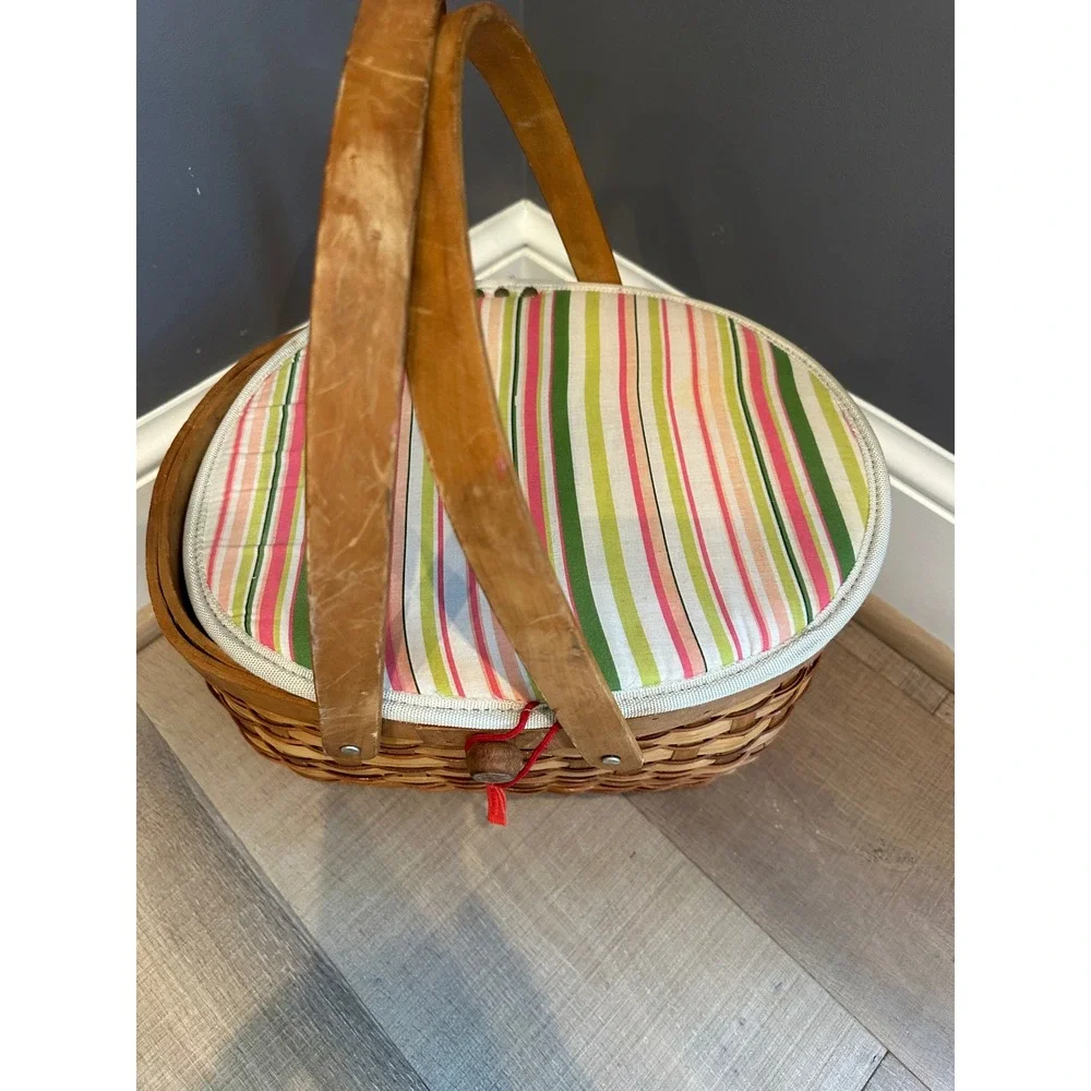 Vintage 1950s 60s Woven‎ Wicker Sewing Basket Striped Fabric Padded Lid Large
